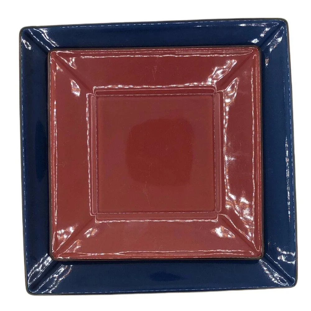 2 Pottery Barn Asian Square Blue 10.5 Red 8.25 Plate Tan Edge Dishes Japan